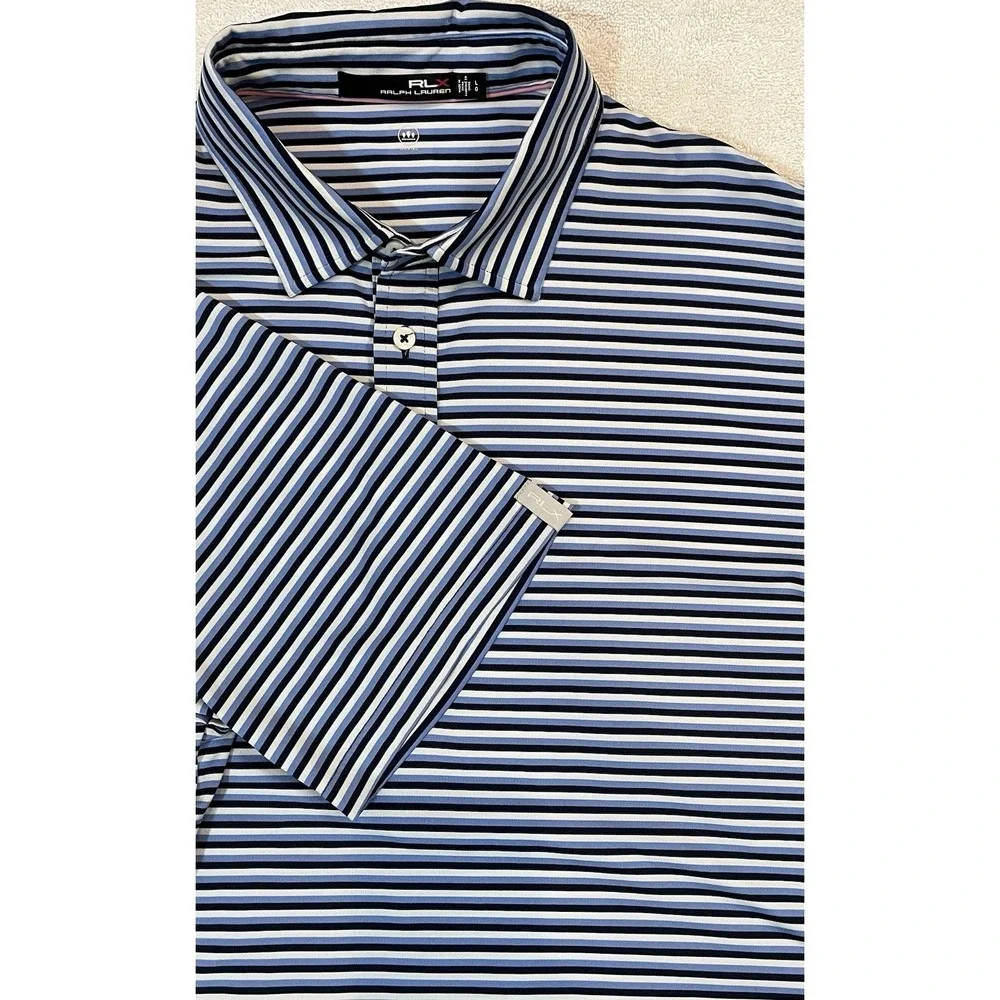 RLX Ralph Lauren Golf Polo Men's Large Performance Wicking Blue‎ Black Striped